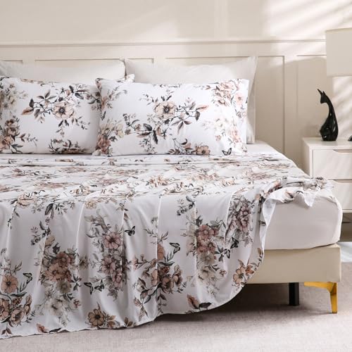 LONAVA Floral California King Size 6 Pcs Sheet Set, Breathable Microfiber Deep Pocket Light Grey Fitted Sheets, Comfy & Breathable Patterned Flat Sheets,4 Gentle Soft Pillowcases, Withered Flowers