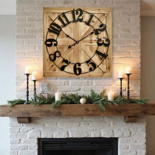 EMAX HOME Large Farmhouse Wall Clock ??? 24 Inch Brown Square Rustic Wooden Clock with Decorative Reversible Wooden Sign, Perfect for Any Space
