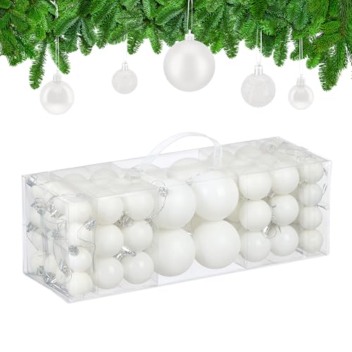 Relaxdays Christmas Baubles, Set of 76, Tree Ornaments, Holiday Decorations, Plastic, Glittery, Matte & Shiny, White
