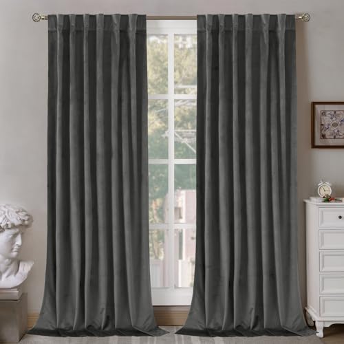 BGment Grey Velvet Curtains 90 Inches for Bedroom, Thermal Insulated Blackout Curtains Room Darkening Drapes with Back Tab and Rod Pocket for Living Room, Set of 2 Panels, 52 x 90 Inch