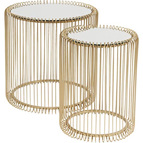 Kare Design Side Table Wire Brass, Gold, Set of Two, Round, Diameter 44 cm, 33 cm, Steel Rack, Safety Glass Tabletop, Modern Side Table for Living Room, Bedroom