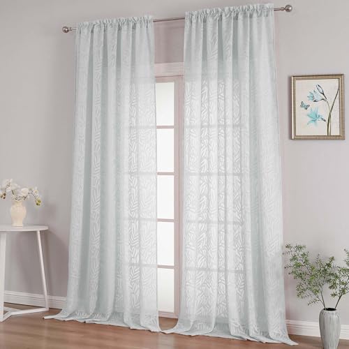 OVZME Extra Wide Light Grey Sheer Curtains 108 Inches Long 2 Panels Set, Leaf Jacquard Lightweight Textured Semi Sheer Curtains for Sliding Door, Dual Rod Pocket Elegant Drapes, 2x52Wx108L Inches