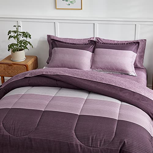 Flysheep Ombre Striped Bed in a Bag 7 Pieces King Size, Purple and Grey Stripes Comforter Sheet Set (1 Comforter, 1 Flat Sheet, 1 Fitted Sheet, 2 Pillow Shams, 2 Pillowcases)