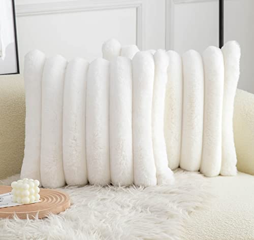 Neelvin Set of Cream White Faux Fur Cozy Soft Striped Cushion