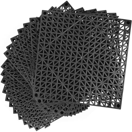 "MYFAMIREA Modular Interlocking Cushion 18 Pack 11.8"" x 11.8"" Rubber Floor Tiles Non-Slip Splicing Drainage Mats for Deck, Black"