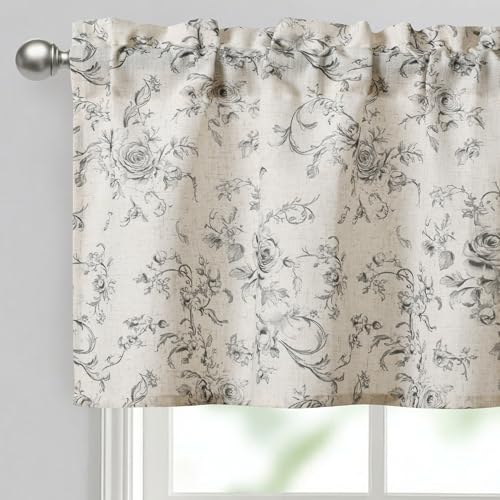 JIUZHEN Thick Textured Linen Floral Valance for Kitchen/Living Room/Bedroom???Rod Pocket French Farmhouse Light-Filtering Valance Curtain???Grey Rose???52 x 18 Inches,1 Panel