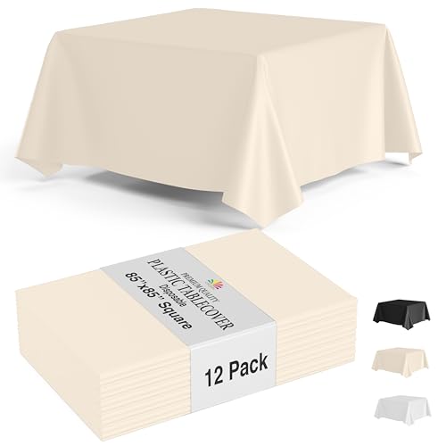 Party Solids 12-Pack Ivory Square Plastic Reusable Tablecloth ??? Size: 85 ?? 85 Inches ??? Square Table Cover for Parties, Picnics & Formal Events
