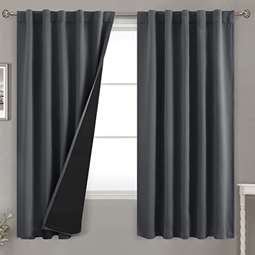 BGment 100% Grey Blackout Curtains for Bedroom 63 Inches Long, Double Layer Room Darkening Thermal Insulated Curtains with Liner Rod Pocket and Back Tab Panels(42 x 63 Inch, 2 Panels, Dark Grey)