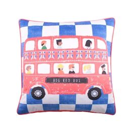 Bedlam - London Red Bus Cushion (43 x 43cm) - Soft Velvet - Reversible (2 Colours) - Filling/Insert Included - Super Soft Velvet Cushion with Bus - Bus Transport Themed Cushion in Blue/Red