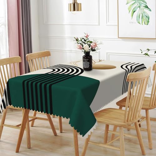 TTQYFNM 60x102inches Green Mid Century Tablecloth Boho Arch Sun Gold Leaves Modern Table Cloth Abstract Geometric Minimalist Oil Proof Stain Resistant Table Cover for Dining Room Kitchen Home Decor
