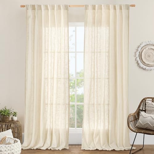 LAMIT Natural Linen Curtains 120 Inch for Living Room, Back Tab and Rod Pocket Linen Textured Sheer Curtains Light Filtering Drapes for Farmhouse/Bedroom, 2 Panels, 52 x 120 Inch, Beige