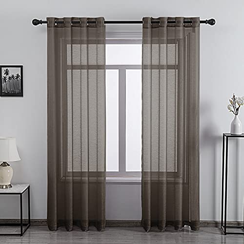 Chocolate Brown Textured Sheer Curtains - Living Room Curtains - 96 Inch Length - Sheer Voile Eyelet Curtains - 2 Panels