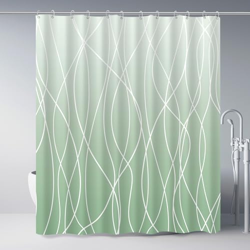 "Punkray Striped Shower Curtain with Hooks, Weighted Hem Shower Curtains Water Repellent Machine Washable, Ombre Sage Green, 72"" W x 72"" L"