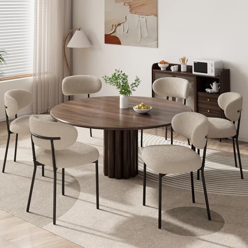 MALOL Dining Chairs Set of 6, Boucle Chairs for Dining Room with Metal Legs & Curved Backrest & Thick Cushion, Upholstered Teddy Fabric Sherpa Kitchen Chair with Anti-Slip Pads, Camel