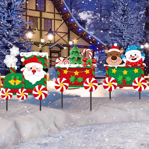Drydiet 3 Pack Metal Christmas Yard Signs Decor Christmas Yard Stakes Outdoor Metal Xmas Yard Signs with Stakes for Christmas Holiday Outdoor Garden Lawn Pathway Decoration (Train Style)