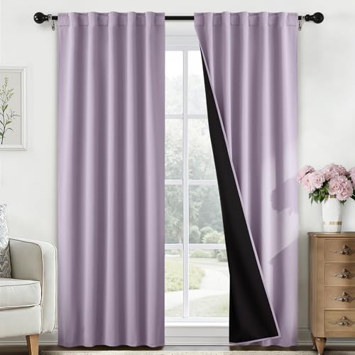 SimpleHome 100% Blackout 84 Inch Lilac Curtains for Living Room - Curtains for Bedroom,Rod Pocket and Back Tab Window Drapes,Room Darkening Curtains with Black Back,52 x 84 Inch,2 Panels