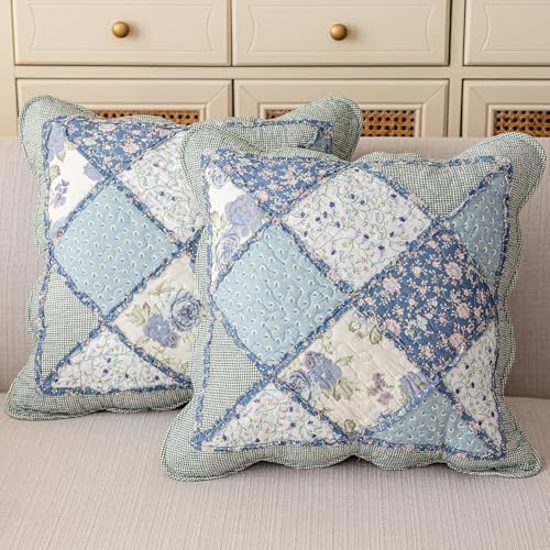 "vctops Set of 2 Quilted 100% Cotton Boho Throw Pillow Covers 18"" x 18"" Farmhouse Country Floral Patchwork Decorative Cushion Cover, Patchwork Flower F"