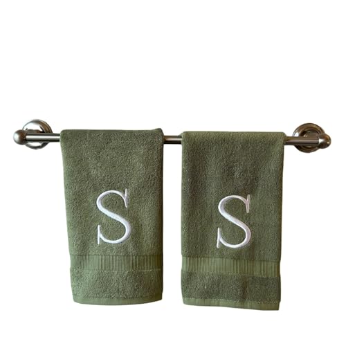 Sage with White Monogrammed Hand Towels for Bathroom - Set of 2 Letter S - Luxury Hotel Quality Initial Towels For Powder Room, Spa, GOTS Organic Certified