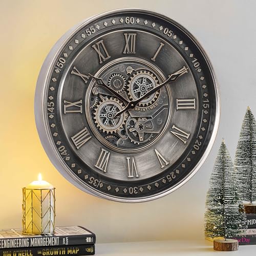 CLXEAST 24 Inch Large Moving Gear Wall Clock for Living Room Decor,Silver Metal Roman Numerals Wall Clocks Battery Operated, Wall Clock Decorative for Home Ofiice, Farmhouse Wall Decor