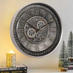 CLXEAST 24 Inch Large Moving Gear Wall Clock for Living Room Decor,Silver Metal Roman Numerals Wall Clocks Battery Operated, Wall Clock Decorative for Home Ofiice, Farmhouse Wall Decor