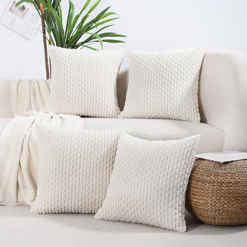 VAKADO Couch Decorative Throw Pillow Covers Cream White 16x16 Set of 4 Boho Corduroy Home Living Room Neutral Rustic Farmhouse Cushion Case Decor Square for Bed Sofa