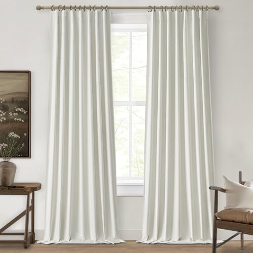 Blackout Pleated Curtains 120 Inch Long 2 Panels Burg,Sound Curtains Noise Reducing Heavy Drapes Boho Flax Linen 10ft Tall Curtain for Living Room/Office at Home Back Tab&Hooks(W50 x L120 Beige White)