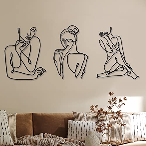 Photect 3 Pcs Metal Wall Art Decor Minimalist Abstract Woman Wall Art Metal Modern Line Drawing Decor Female Single Line Home Hanging for Bedroom Bathroom Living Room Housewarming (Modern,Black)