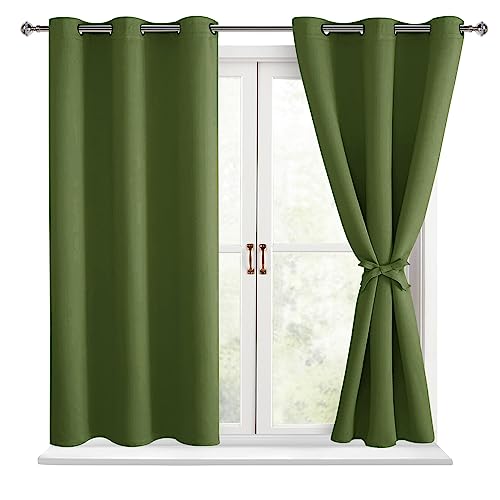 Hiasan Blackout Curtains for Bedroom - Thermal Insulated & Energy Saving Window Curtains for Living Room, 2 Drape Panels Sewn with Tiebacks, Olive Green, 42 x 54 Inch