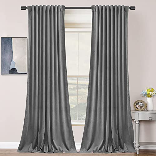 SNITIE Grey 108 in Long Velvet Curtains with Back Tab and Rod Pocket Thermal Insulated Soft Privacy Light Filtering Velvet Drapes for Bedroom and Living Room, Set of 2 Panels, 52 x 108 Inches Long