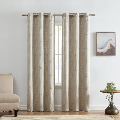 "Elrene Home Fashions Palmetto Lattice Embroidered Thermal Blackout Window Curtain Panel with Grommets, Set of 2, 37""x84"", Natural"