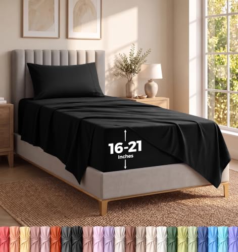 Extra Deep Pocket Twin Sheet Set - 3PCs Fits Up to 21 Inches - Black - Hotel Luxury sheets - Ultra Soft and Breathable Microfiber - Fitted Sheet, Flat Sheet, 1 Pillowcases with Envelope Closure