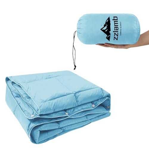 zzlamb Puffy Camping Blanket Down Alternative Small Size for Kid, Lightweight Water-Repellent Throw Blanket Compact, Portable Warm Quilt Couch Travel Beach Picnic Hammock Backpacking, Blue 39''x55''