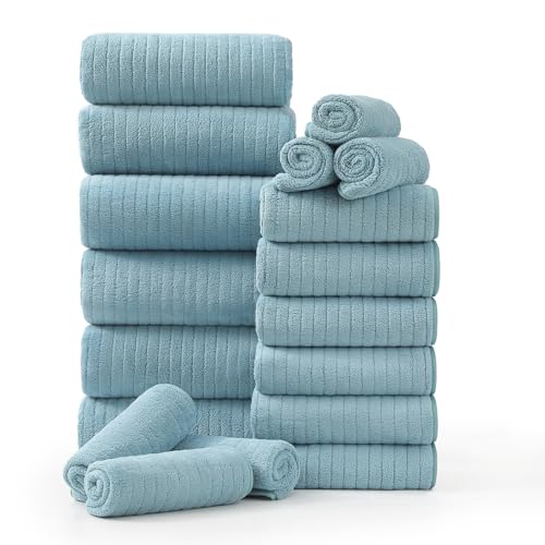 18 Piece Family Bath Towel Set Include 6 Bath Towels,6 Hand Towels and 6 Washcloths Soft Bathroom Towel with Hanging Loops,Highly Absorbent Quick Dry Towels Set for Bathroom,Hotel and Spa-Turquoise