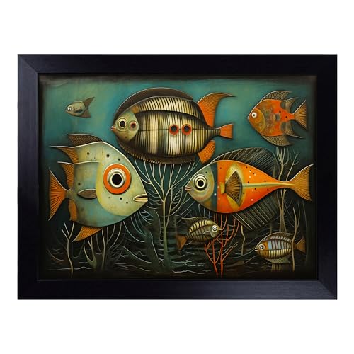 Lap Tray with Bean Bag Cushion, Fish Art Deco - Handmade in the UK, Raised Wooden Edge, Padded Cushion, Heat-Resistant Wipe-Clean Surface, for Meals, Laptops and Crafts