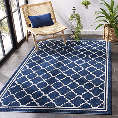 Safavieh Moroccan Trellis Indoor/Outdoor Woven Rectangle Area Rug, Amherst Collection, AMT422, in Navy / Beige, 91 X 152 cm for Garden, Patio or Any Outdoor Space