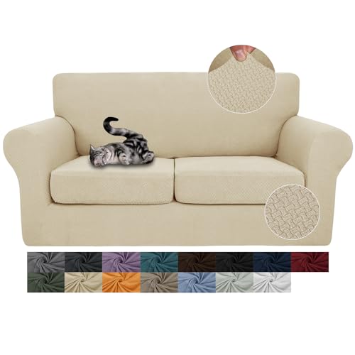 JIVINER 3 Pieces Stretch Couch Covers for 2 Cushion Couch Fitted Thick Loveseat Sofa Slipcover with 2 Seat Cushion Covers for Living Room Pet Dogs (Loveseat, Light Beige)