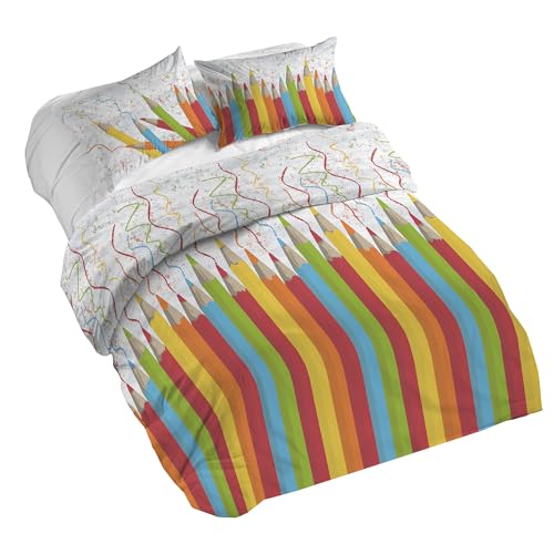 PENSIERI DELICATI Double Duvet Cover Set, 100% Cotton, Complete with 250 x 200 cm Bag and 2 Pillowcases 52 x 82 cm, Made in Italy, Duvet Cover Machine Washable At 40 Degrees, Multicolour Pencil