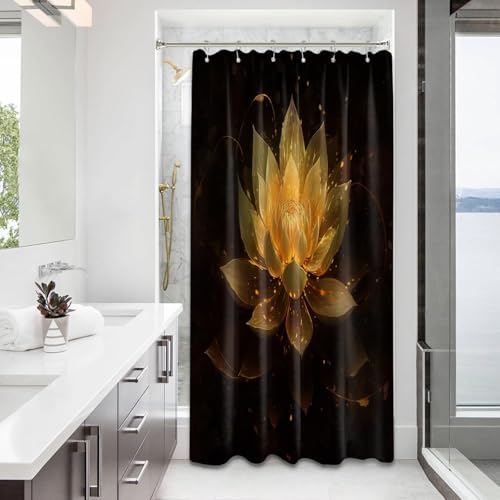 "QGHOT Lotus Shower Curtain, Black and Gold Flower Shower Curtains for Bathroom Decor Spa Zen Spiritual Golden Floral Bath Curtain Set, Waterproof Fabric, 36"" W x 72"" L"
