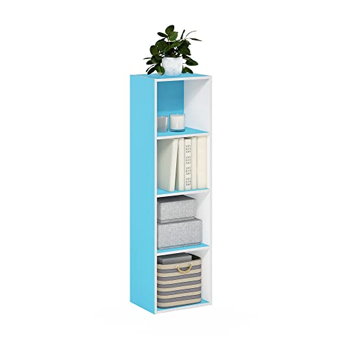Furinno PASIR Book Shelf, 4-Tier Modern Bookshelf, Open Shelves Bookcase 9 x 12 x 42, for Living Room, Bedroom, Home Office, Light Blue/White