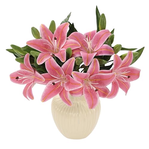 Kimura's Cabin 6Pcs Artificial Tiger Lily Flowers Real Touch Plastic Easter Spring Fake Lilies Bouquet Wedding Table Centerpiece Home Office Decor, Cemetery Grave Decorations (Rose Pink)