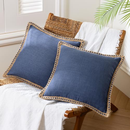 longsheng Pack of 2 Farmhouse Decorative Throw Pillow Covers Burlap Linen Trimmed Tailored Edges Navy Blue 20 x 20 inches, 50 x 50 cm