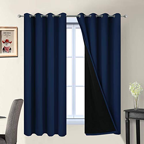 "Yakamok Navy Blue 100% Blackout Curtains 63 Inches Long 52"" Wide, 2 Panels - Blackout Curtain Panels for Bedroom, 2 Thick Layers Grommet Top Thermal Insulated Drapes with Black Liner for Living Room"