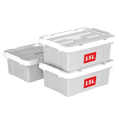 Cetomo 15L*3 Storage Boxes, Carry Plastic Storage Box with Lids, Organizing Container with Handle and Secure Latching Buckles, Stackable, Nestable, Tote Bin for Home Office Clothes, 15L-3Pack, Gray