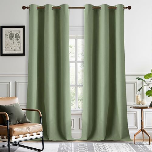 DONREN Total Blackout Linen Curtains 108 Inch Length for Bedroom Living Room, Farmhouse 100% Black Out Thermal Insulated Privacy Lightweight Grommet Curtain Panels, Sage Green, W37 x L108, 2 Panels