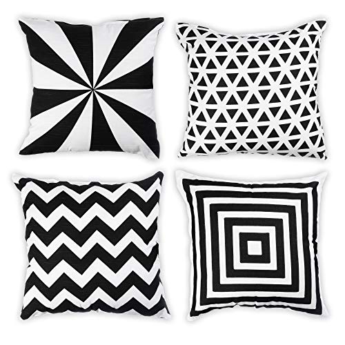 Penguin Home Set of 4 100% Slub Cotton Fabric Cushion Covers 45cm x 45cm Double Sided Square Pillow Covers with Invisible Zipper Pillow Cases for Living Room, Bedroom, Sofa (White/Black Mix)