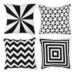 Penguin Home Set of 4 100% Slub Cotton Fabric Cushion Covers 45cm x 45cm Double Sided Square Pillow Covers with Invisible Zipper Pillow Cases for Living Room, Bedroom, Sofa (White/Black Mix)