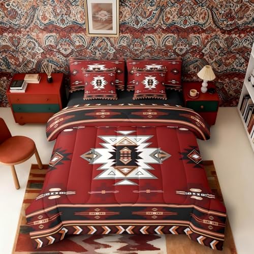 Erosebridal Western Bed in a Bag King Size Comforter Set 7-Piece - Southwest Native Geometric Bedding Sets Exotic Nordic Style Aztec Comforter and Sheet Set, Sriped Diamond Triangle Room Decor,Red