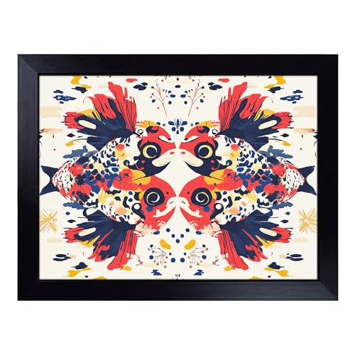 Lap Tray with Bean Bag Cushion, Fish Pattern - Handmade in the UK, Raised Wooden Edge, Padded Cushion, Heat-Resistant Wipe-Clean Surface, for Meals, Laptops and Crafts