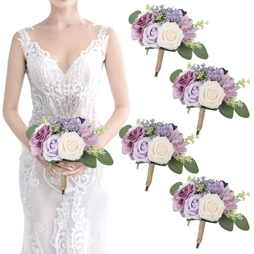 SEMONONIA Artificial Bridesmaid Bouquets 4Pcs -7 Inch Bridesmaid Bouquets Fake Floral Silk Rose Handmade for Wedding Holding Flowers, Bridal Shower,Engagement Wedding Ceremony Anniversary - Lilac