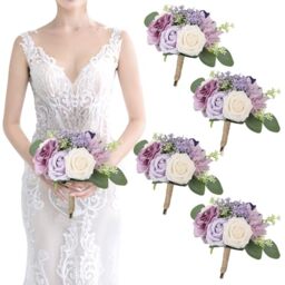 SEMONONIA Artificial Bridesmaid Bouquets 4Pcs -7 Inch Bridesmaid Bouquets Fake Floral Silk Rose Handmade for Wedding Holding Flowers, Bridal Shower,Engagement Wedding Ceremony Anniversary - Lilac